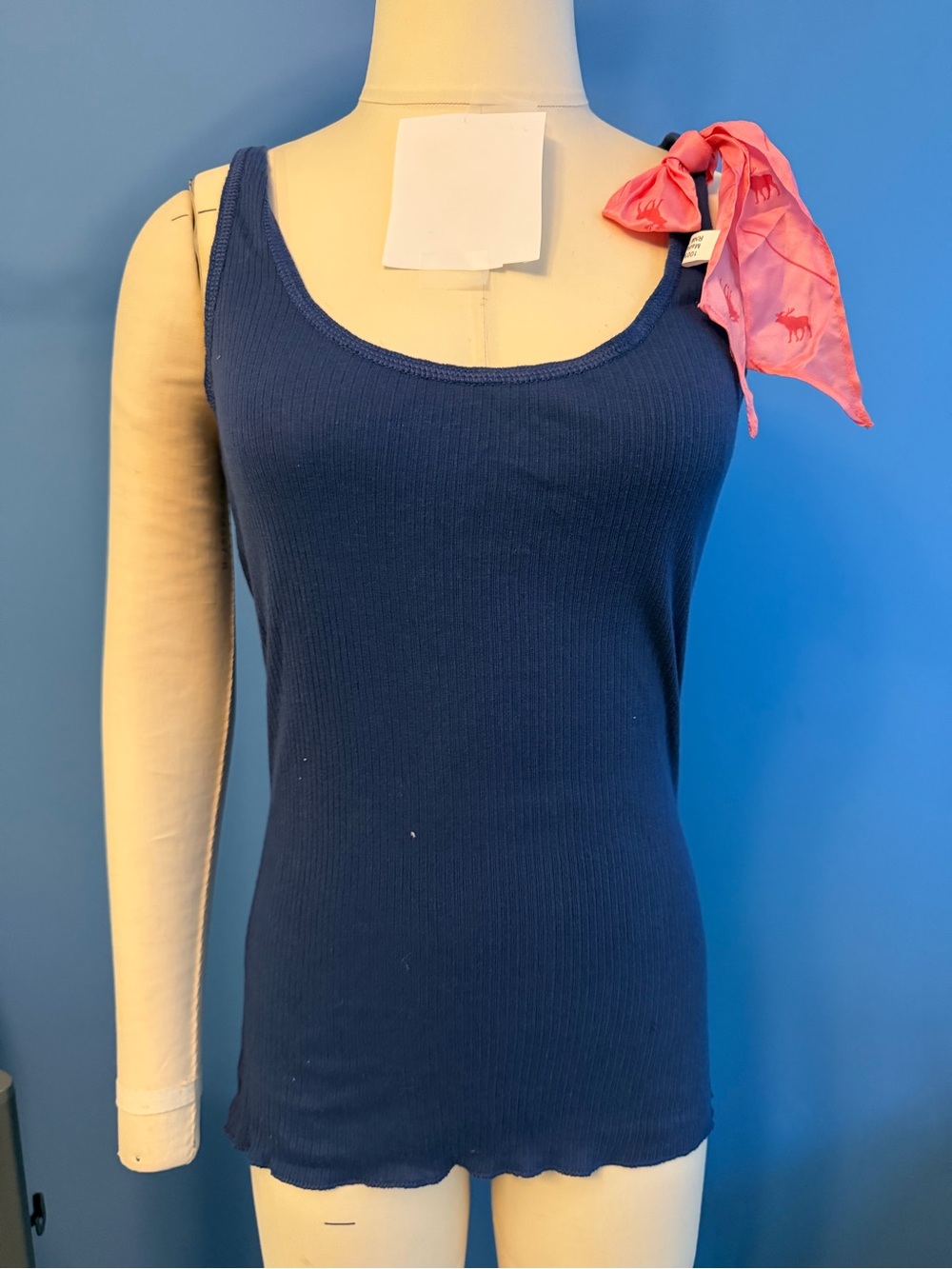 Abercrombie & Fitch Ribbed Scoop Tank Top with Silk Scarf - Navy